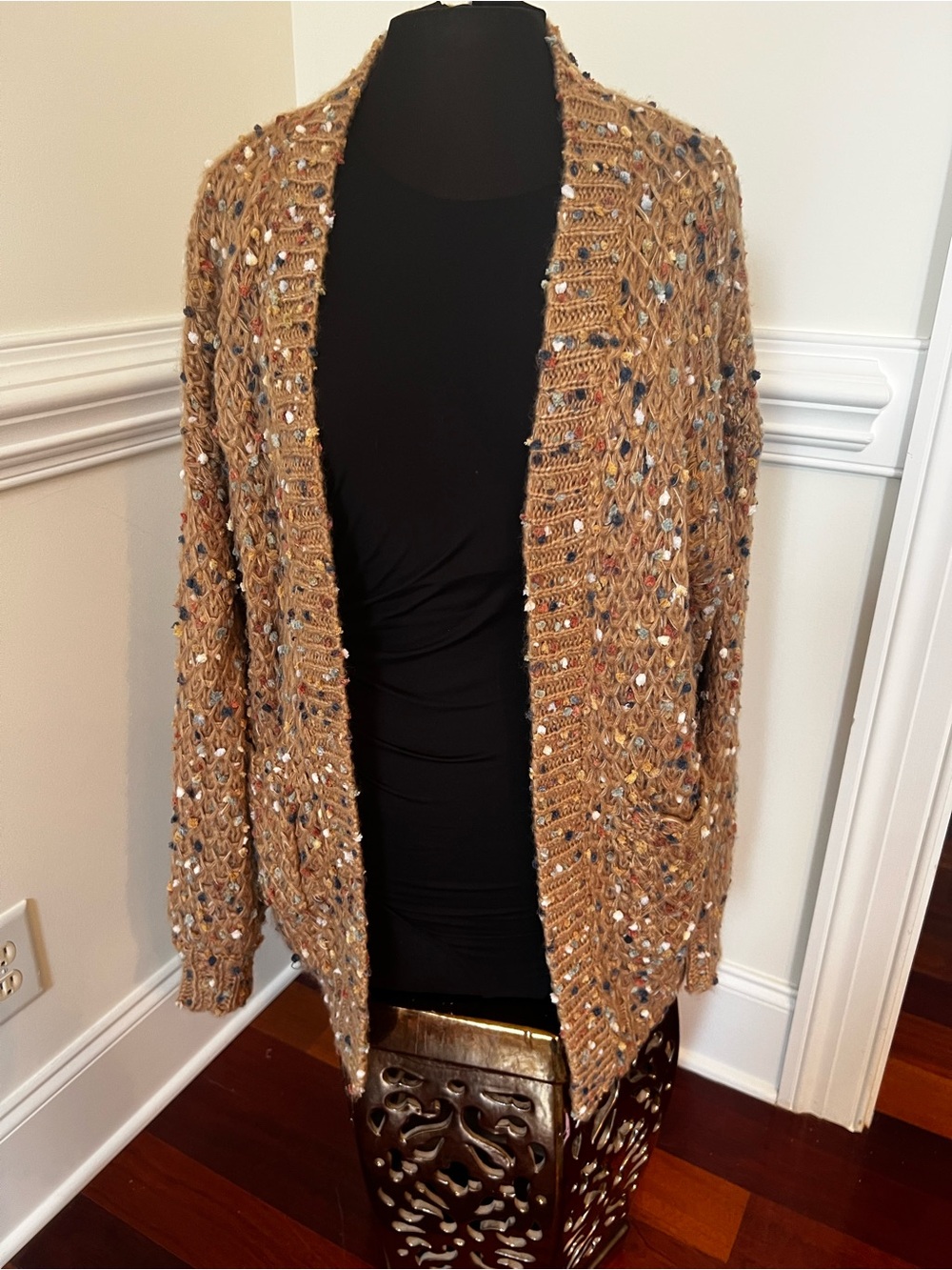 Love Riche Brown Open-Front Flecked Knit Cardigan
